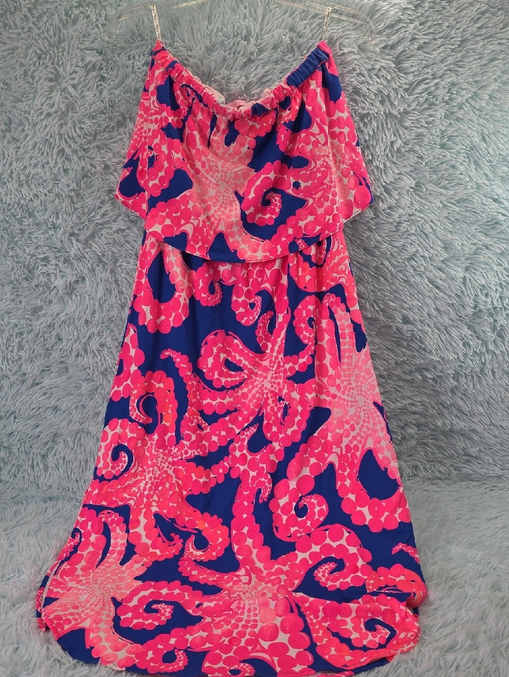 Lilly Pulitzer Meridian Strapless Midi Dress Pink Blue Octopus Ruffle Resort S